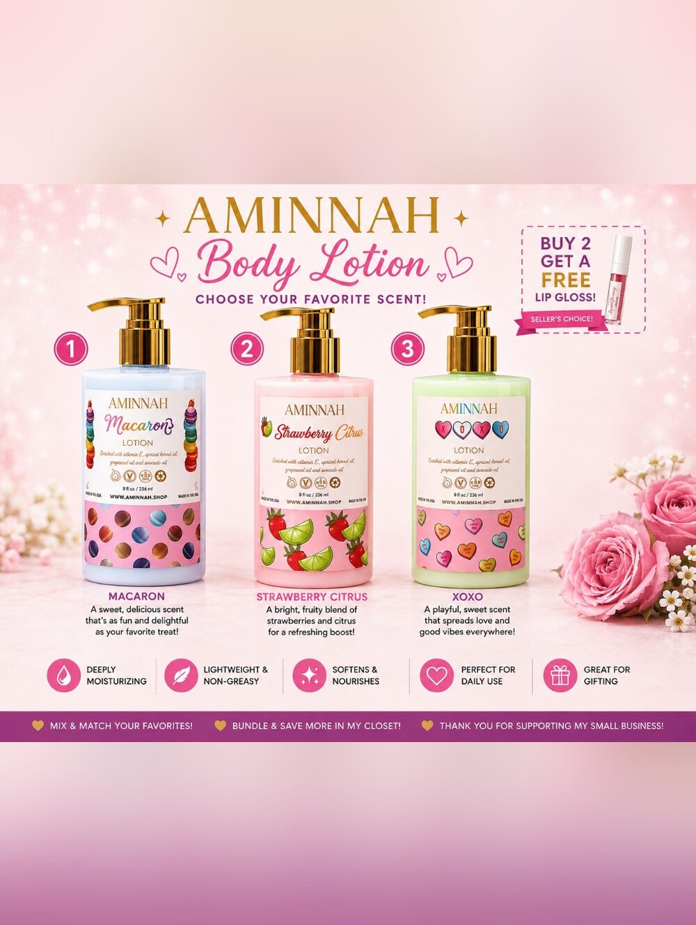 ✨️Aminnah Body Lotion | Choose Your Favorite Scent | Buy 2, Get a FREE Lip Gloss